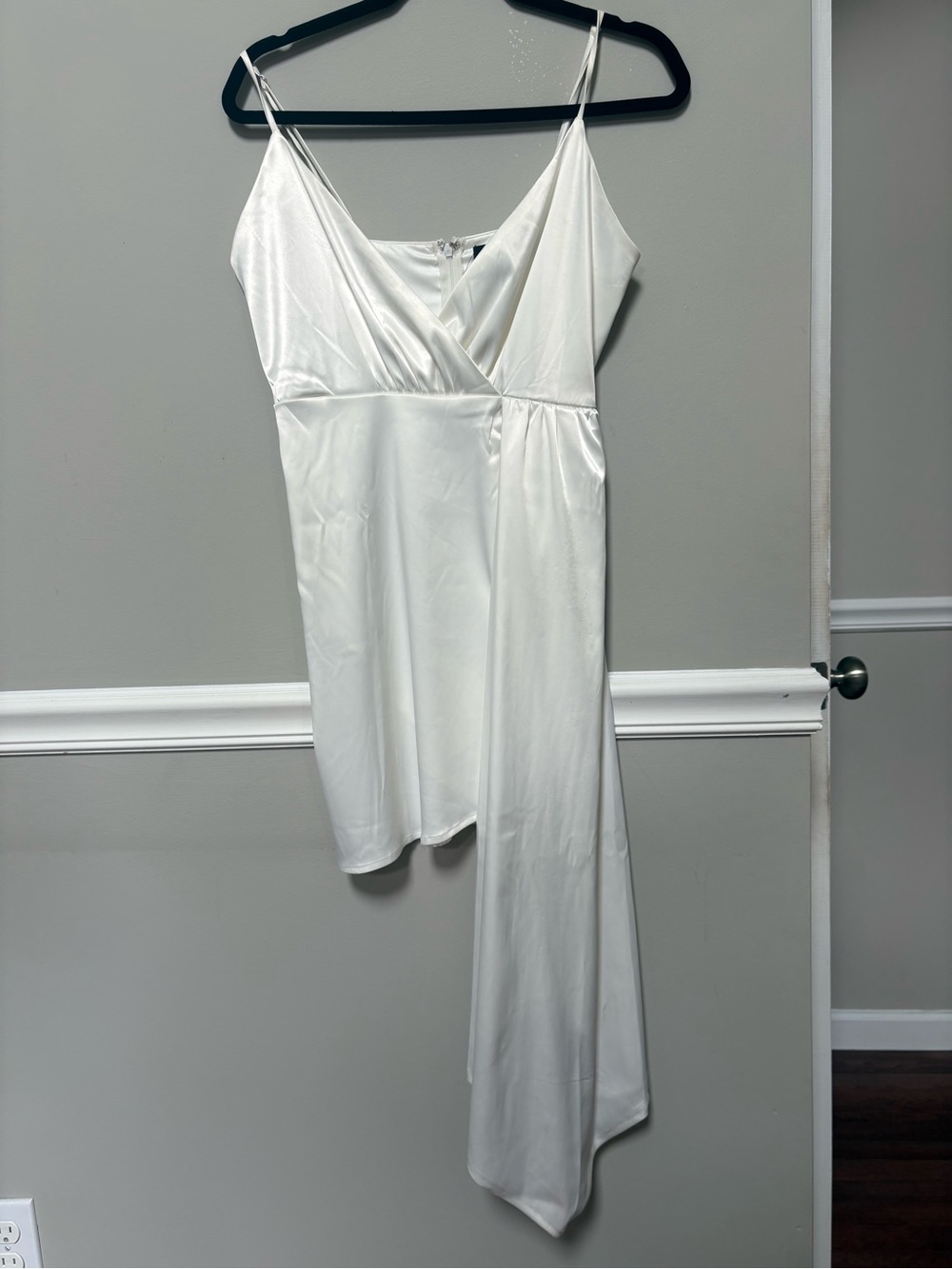 AKIRA White Satin Asymmetrical Slip Dress with Draped Hem